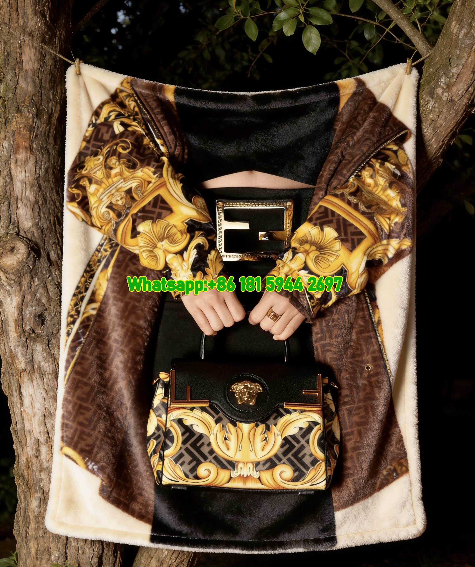 Versace Brown Gold Baroque Fendace Print Flannel Sofa Throw Blanket IMG_1654